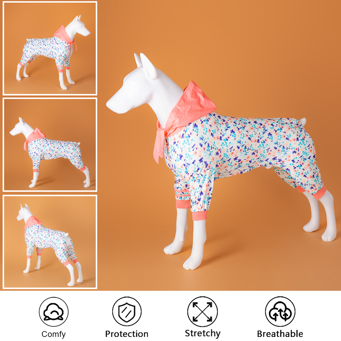 LovinPet Large Dog Post Recovery Suit - Floral Comfort with Pink Hoodie Design