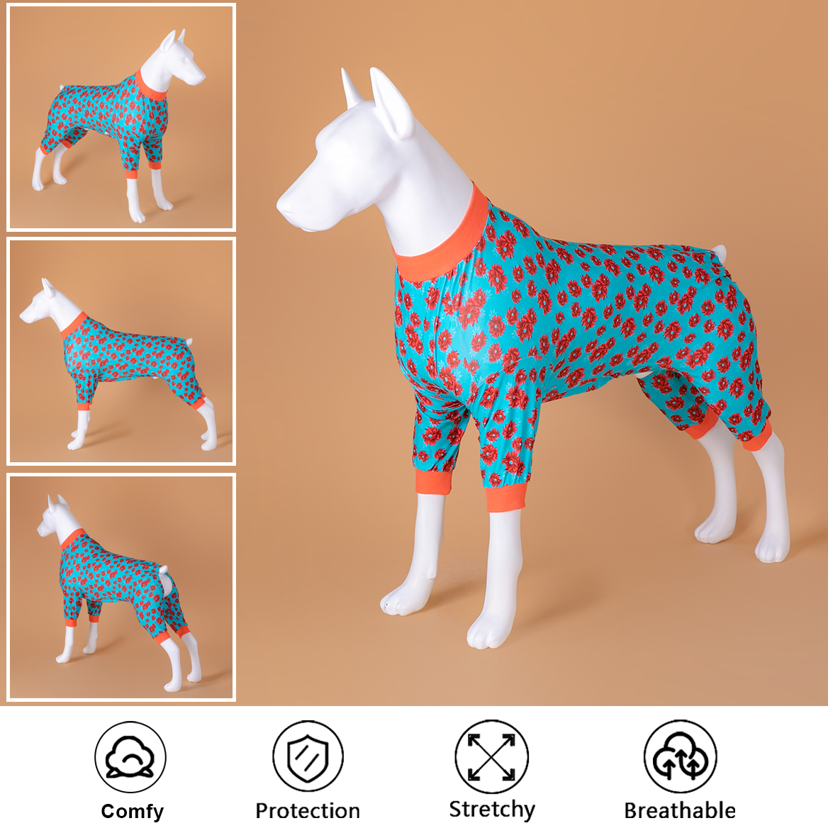 Orange with Red Floral Pattern Dog Recovery Bodysuit for Large Breeds