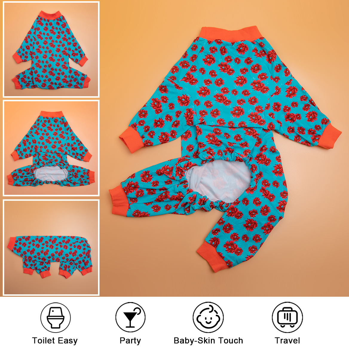 Orange with Red Floral Pattern Dog Recovery Bodysuit for Large Breeds