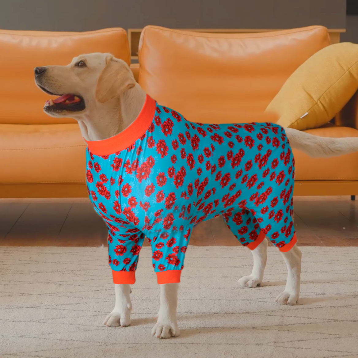 Orange with Red Floral Pattern Dog Recovery Bodysuit for Large Breeds