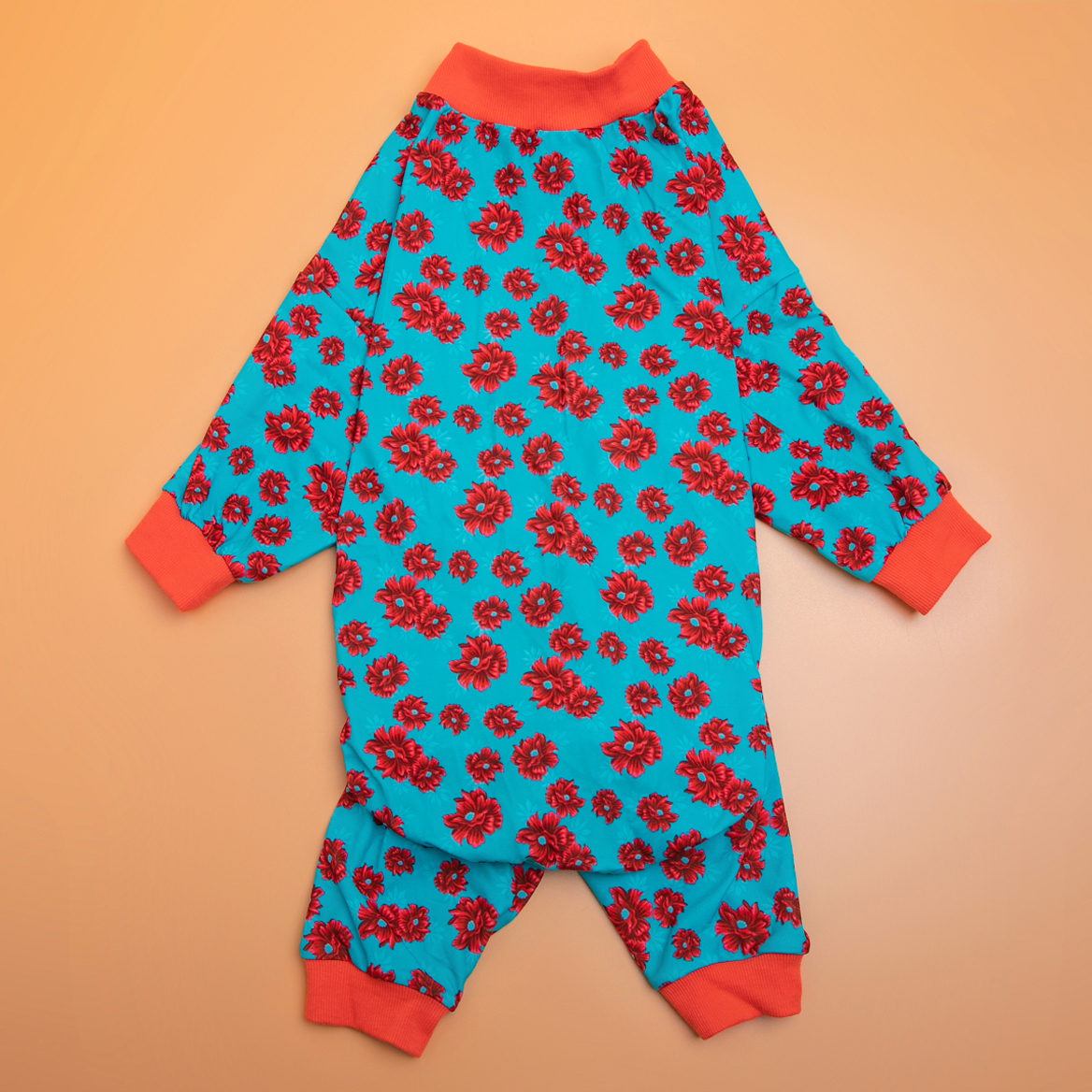 Orange with Red Floral Pattern Dog Recovery Bodysuit for Large Breeds