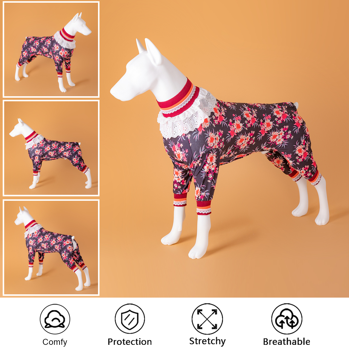 LovinPet Large Dog Pajamas Onesie Ruffled Collar - Vintage Floral Sleepwear with Lace and Frill Accents for Large Breeds