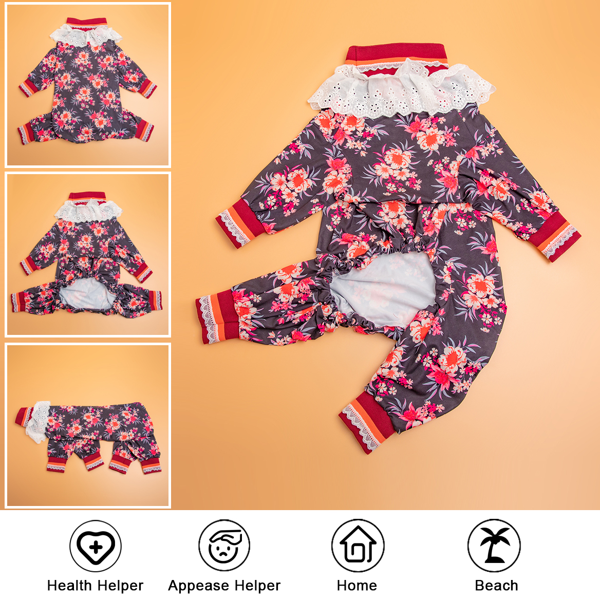 LovinPet Large Dog Pajamas Onesie Ruffled Collar - Vintage Floral Sleepwear with Lace and Frill Accents for Large Breeds