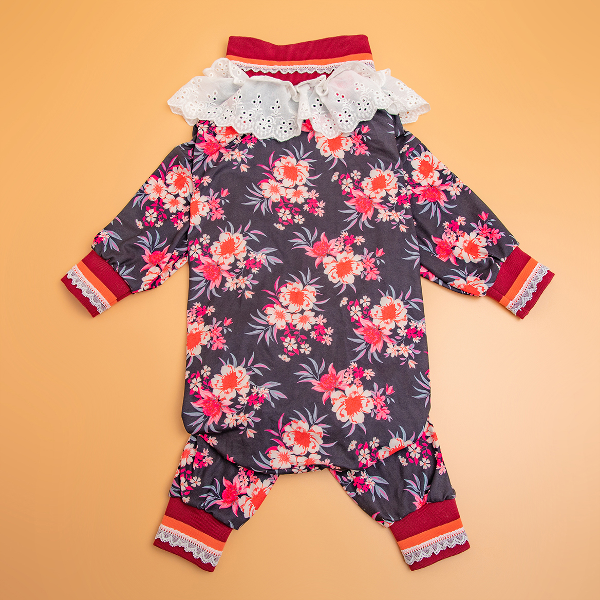 LovinPet Large Dog Pajamas Onesie Ruffled Collar - Vintage Floral Sleepwear with Lace and Frill Accents for Large Breeds