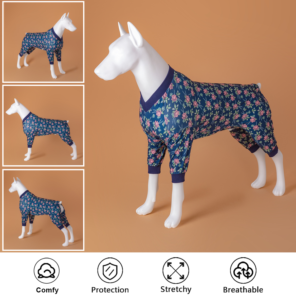LovinPet Large Dog Pajamas Onesie - Vintage Rose Floral Design Sleepwear for Large Breeds