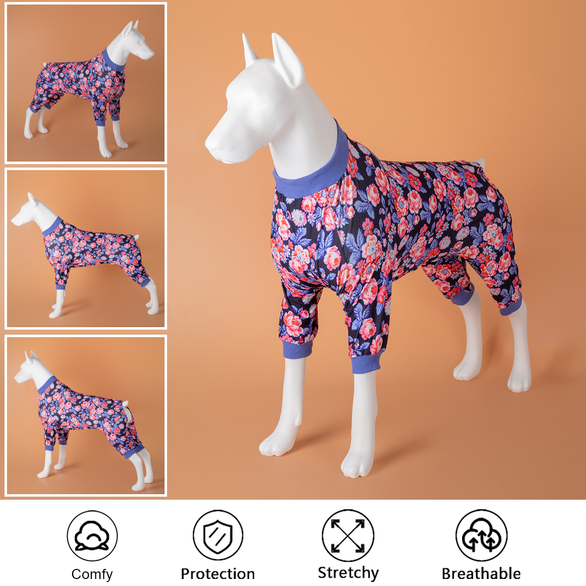 LovinPet Big Dog Recovery Suit Pajama Onesie - Pink & Blue Peony Pattern