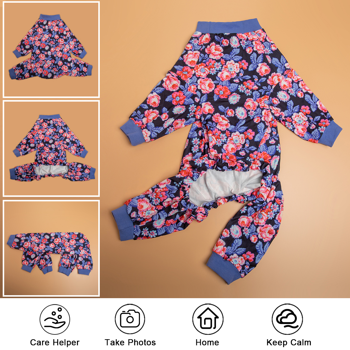 LovinPet Big Dog Recovery Suit Pajama Onesie - Pink & Blue Peony Pattern