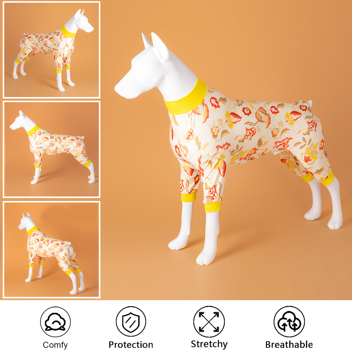 LovinPet Large Dog Pajamas Onesie - Yellow Floral Autumn Pattern for Big Dogs