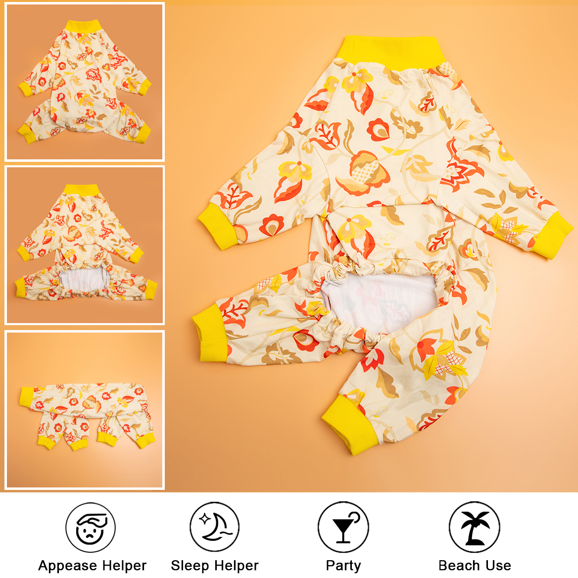LovinPet Large Dog Pajamas Onesie - Yellow Floral Autumn Pattern for Big Dogs