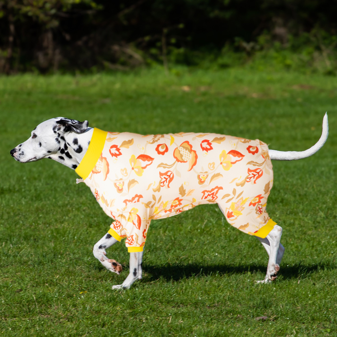 LovinPet Large Dog Pajamas Onesie - Yellow Floral Autumn Pattern for Big Dogs