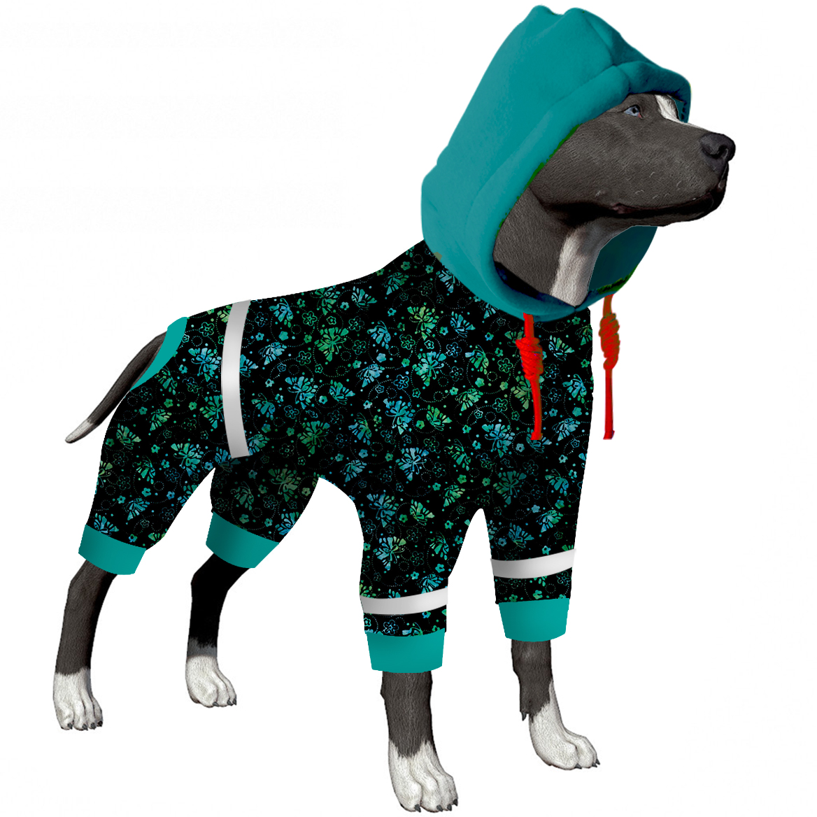 Teal Floral Full-Body Reflective Dog Recovery Onesie with Hood