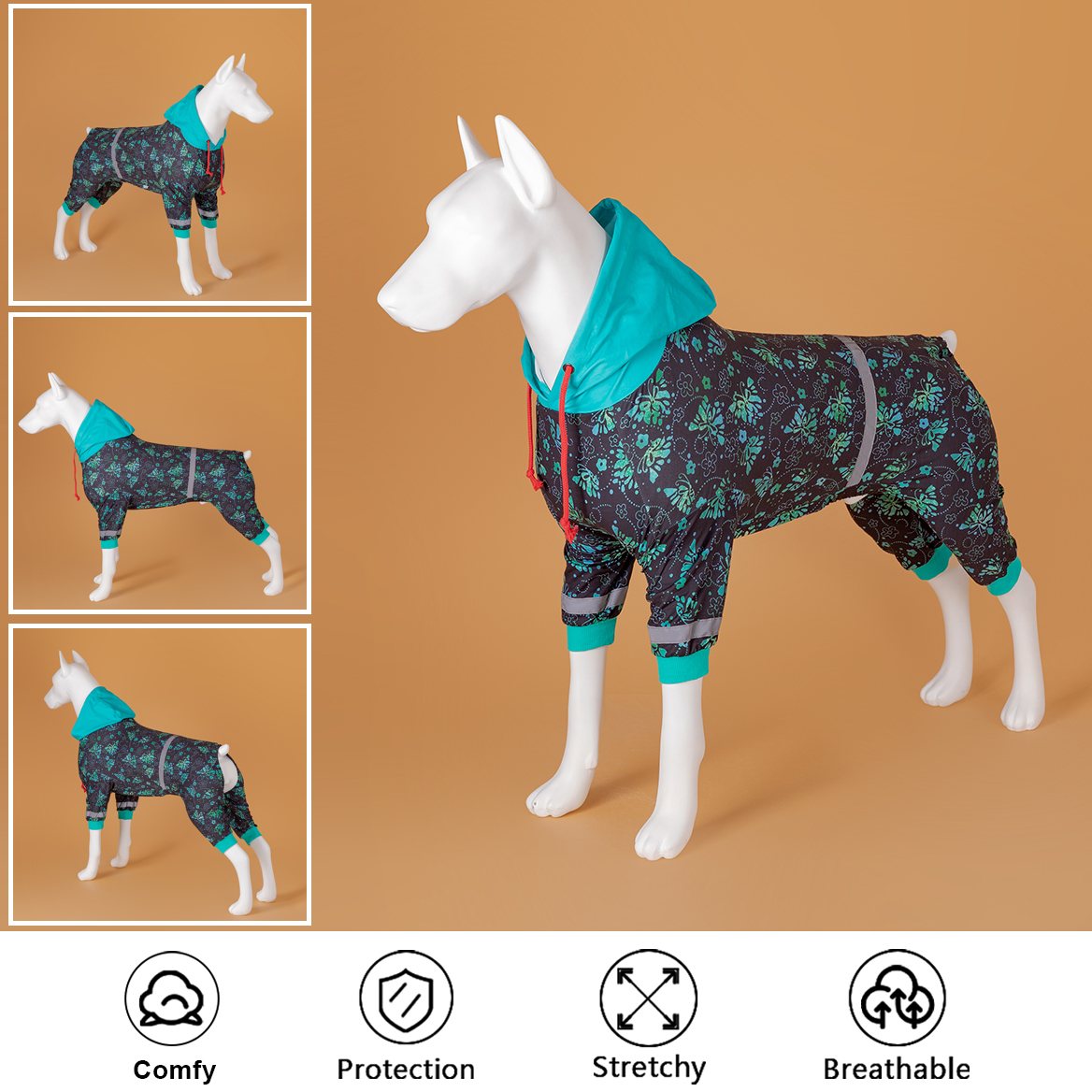 Teal Floral Full-Body Reflective Dog Recovery Onesie with Hood