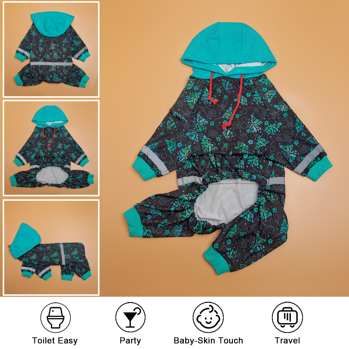 Teal Floral Full-Body Reflective Dog Recovery Onesie with Hood