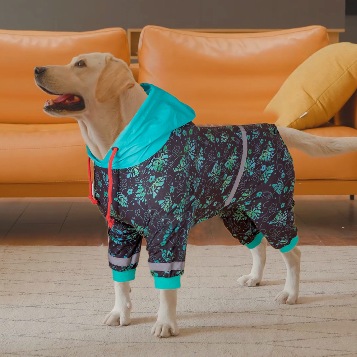 Teal Floral Full-Body Reflective Dog Recovery Onesie with Hood