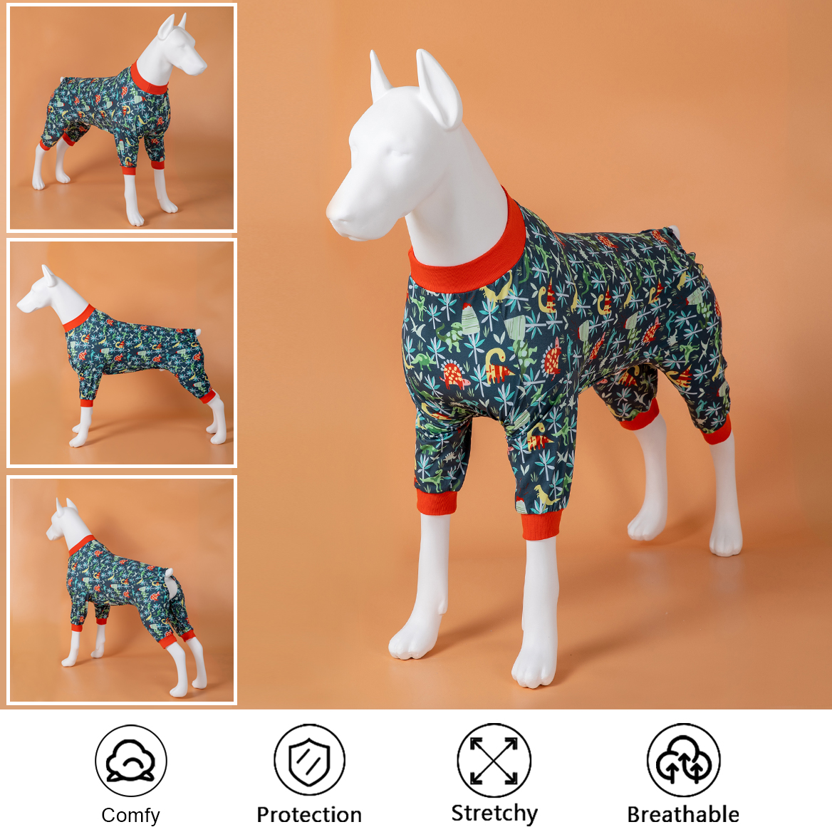 LovinPet Large Dog Pajamas Onesie - Dinosaur & Flower Design