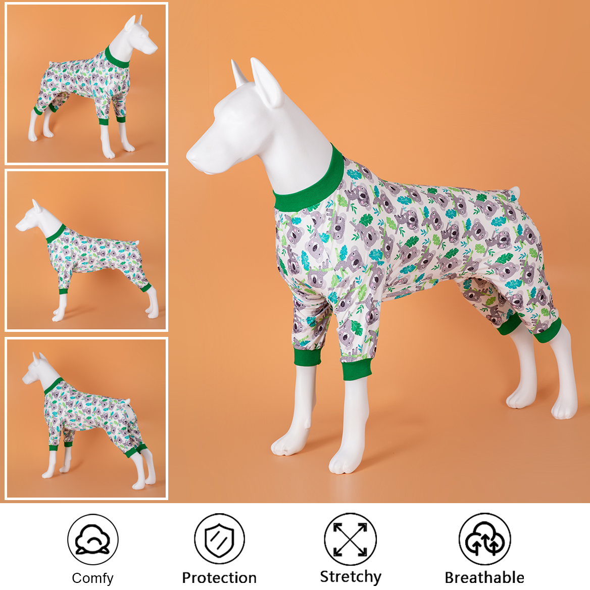 LovinPet Large Dog Post Recovery Suit - Adorable Koala and Leaf Design with Green Trim