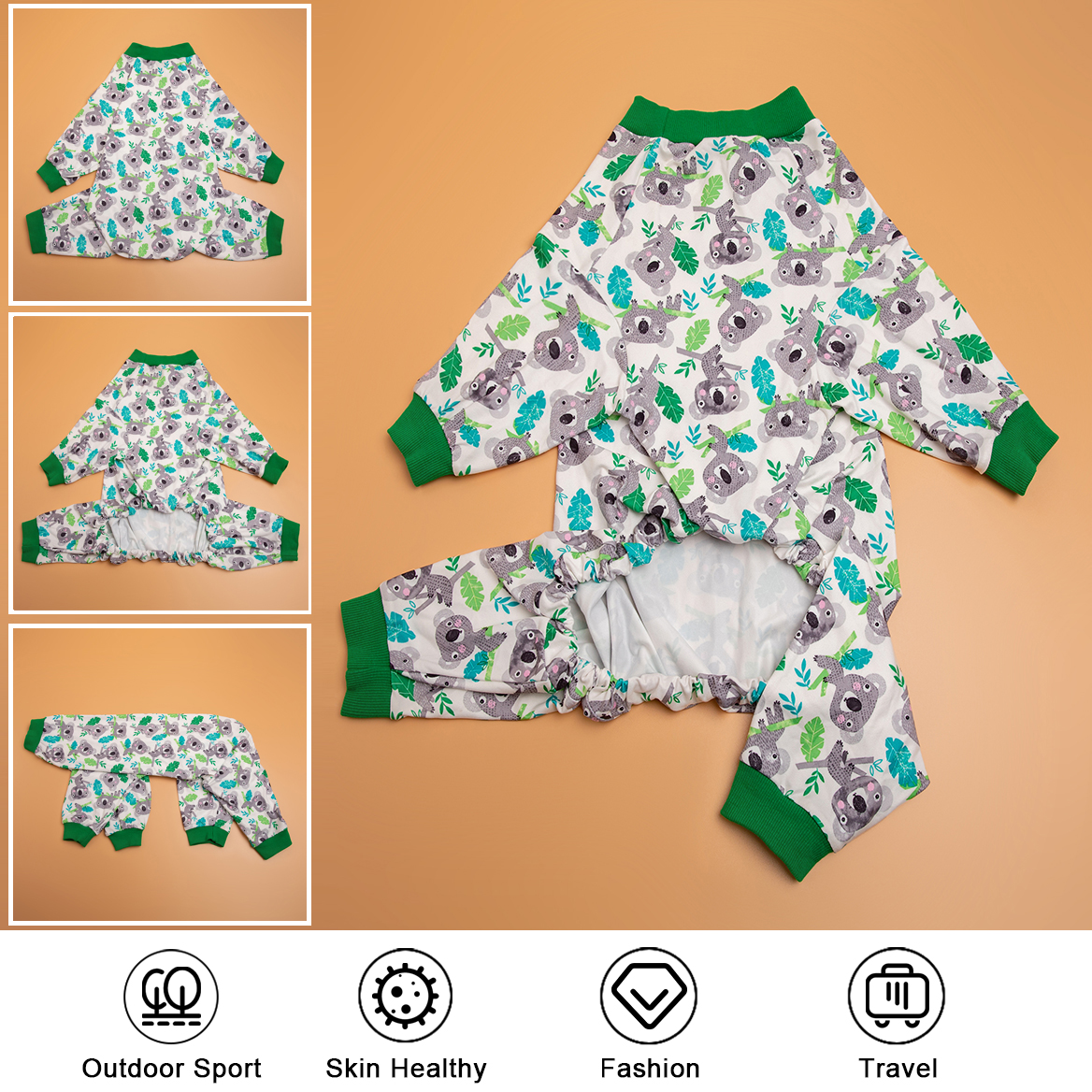 LovinPet Large Dog Post Recovery Suit - Adorable Koala and Leaf Design with Green Trim