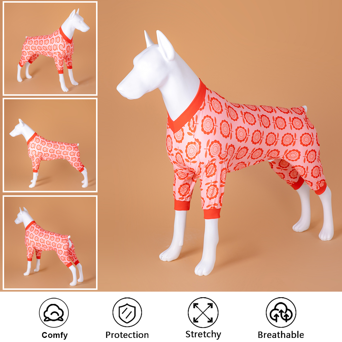 LovinPet Large Dog Post Recovery Suit - Red Floral Geometric Pattern