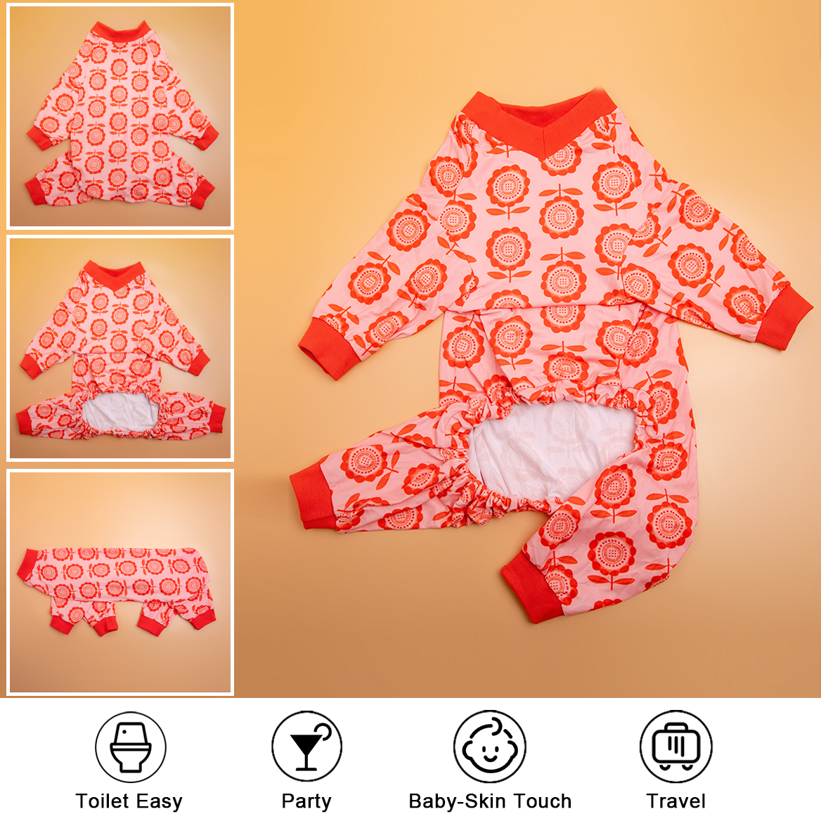 LovinPet Large Dog Post Recovery Suit - Red Floral Geometric Pattern