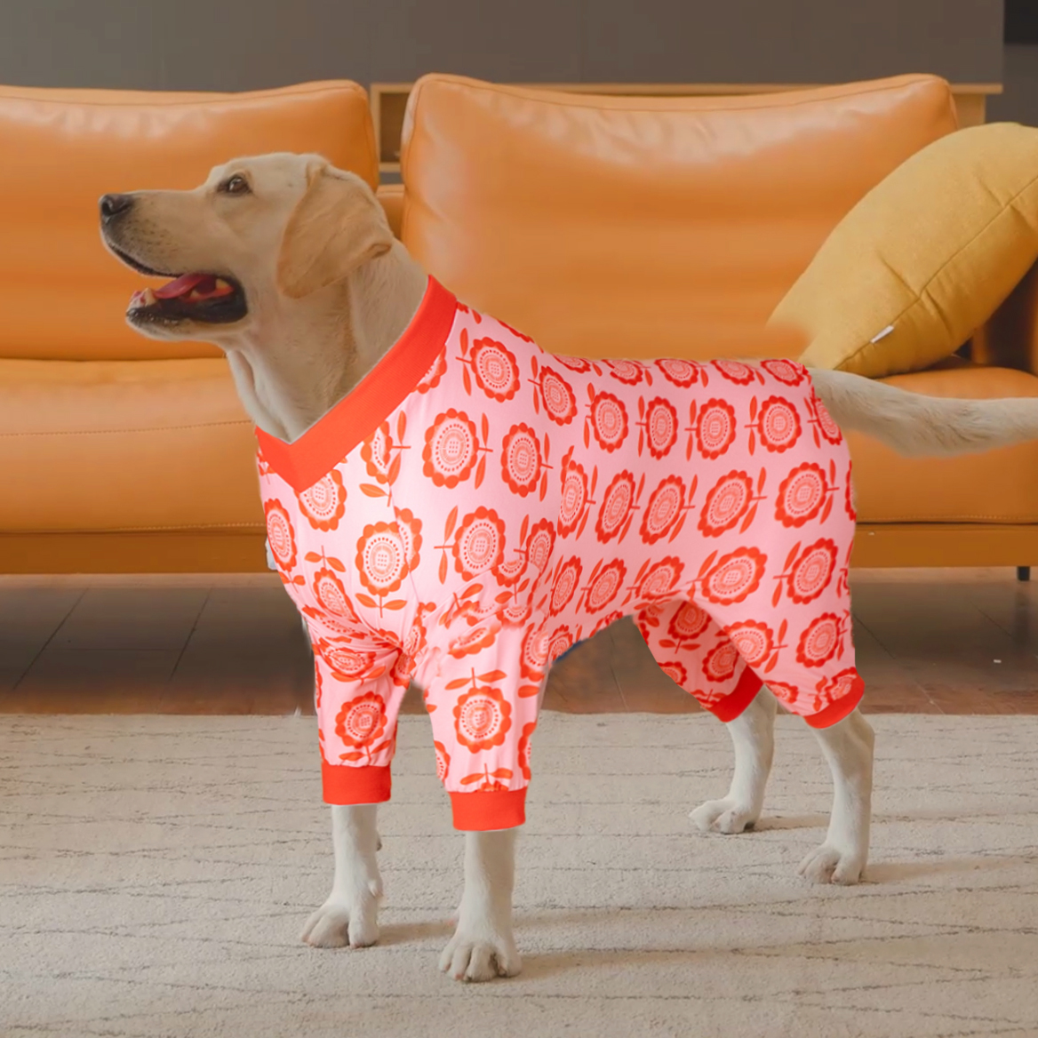 LovinPet Large Dog Post Recovery Suit - Red Floral Geometric Pattern