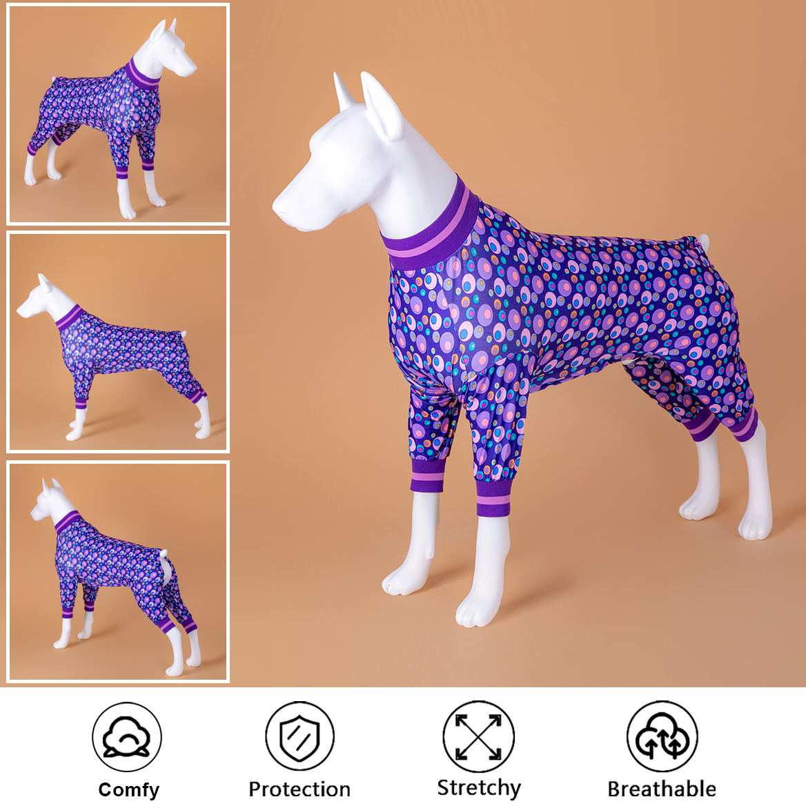 Purple Polka Dot Dog Recovery Suit | Comfortable Post-Surgery Protection