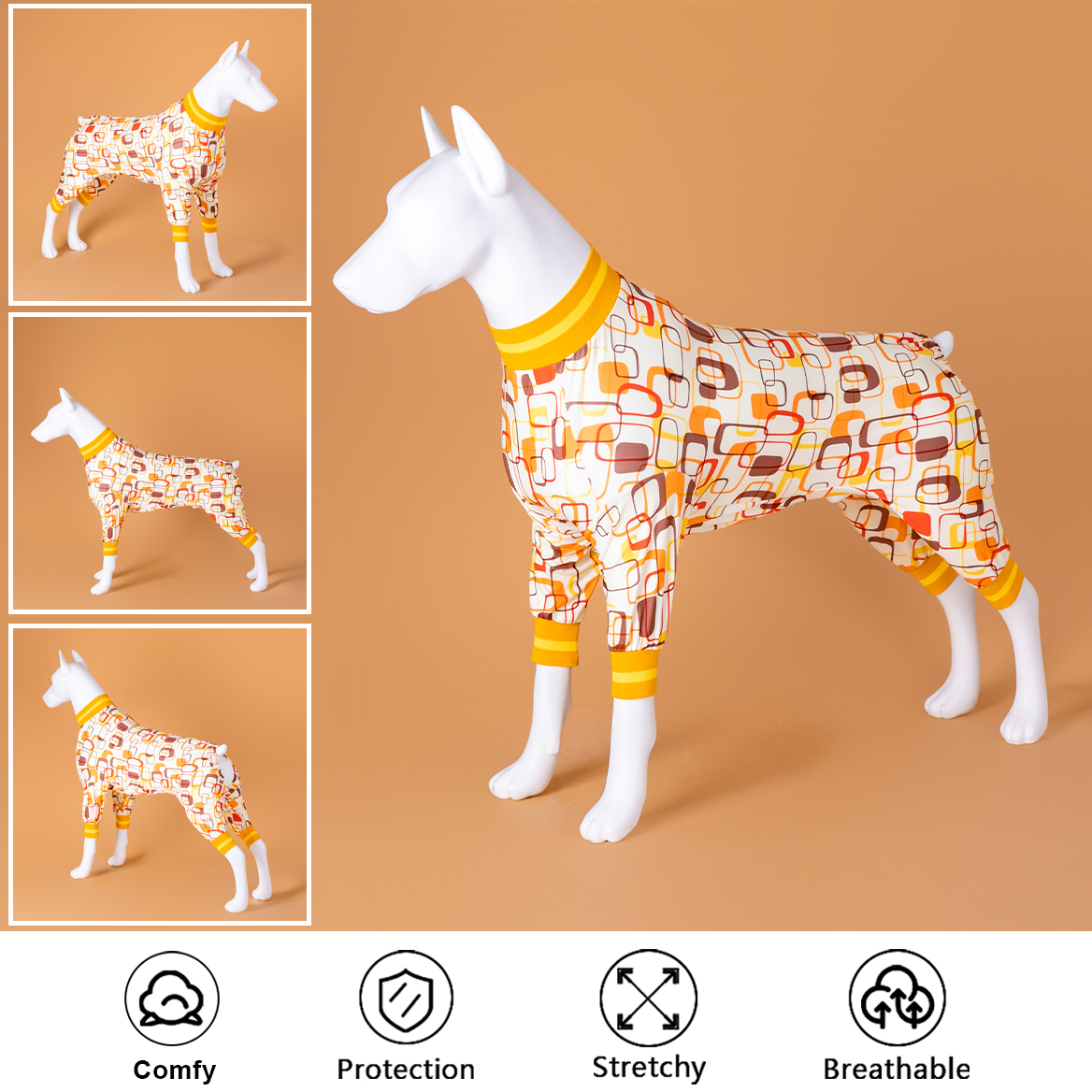 LovinPet Large Dog Post Recovery Suit - Retro Yellow Geometric Pattern