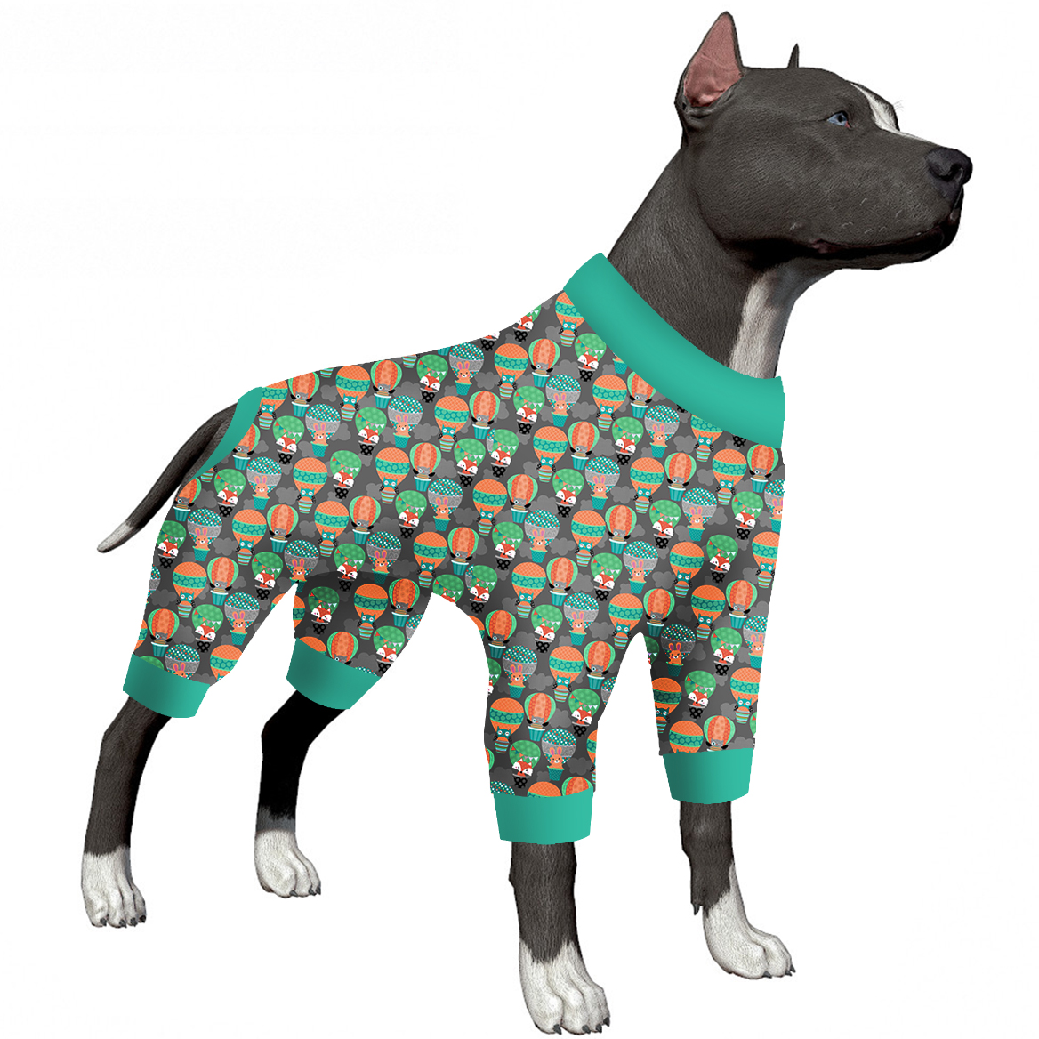 LovinPet Large Dog Onesie, Wound Care Cotton Dog Pajamas, Cozy Stretchy Fabric, Owls In Hot Air Balloons Dark Grey Prints Large Dog Pjs for Dogs Recovery Suit Party Pitbull Clothes