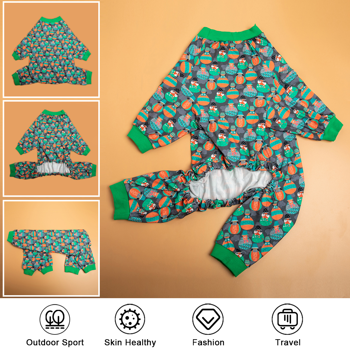 LovinPet Large Dog Onesie, Wound Care Cotton Dog Pajamas, Cozy Stretchy Fabric, Owls In Hot Air Balloons Dark Grey Prints Large Dog Pjs for Dogs Recovery Suit Party Pitbull Clothes