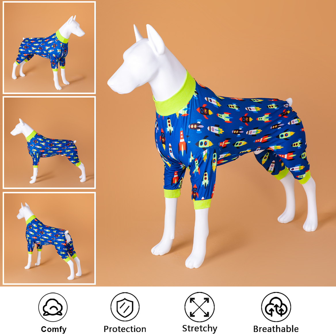 LovinPet Large Dog Pajamas Onesie - Rocket-Themed Space Print Sleepwear for Large Breeds