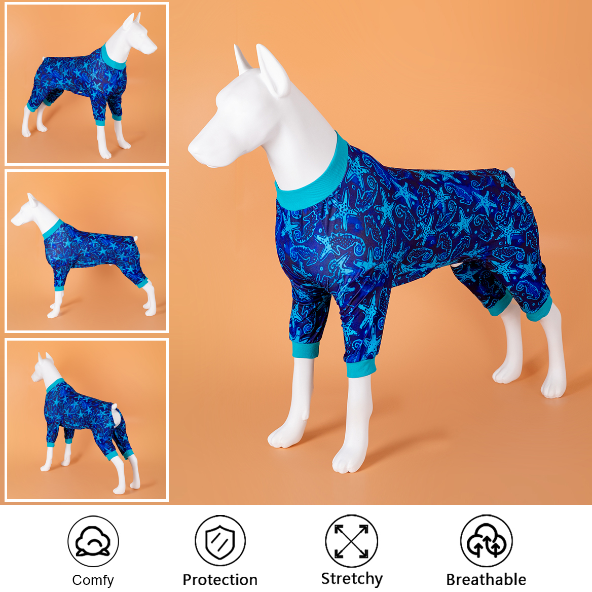 LovinPet Large Dog Pajamas Onesie - Marine Starfish Design in Blue and Teal