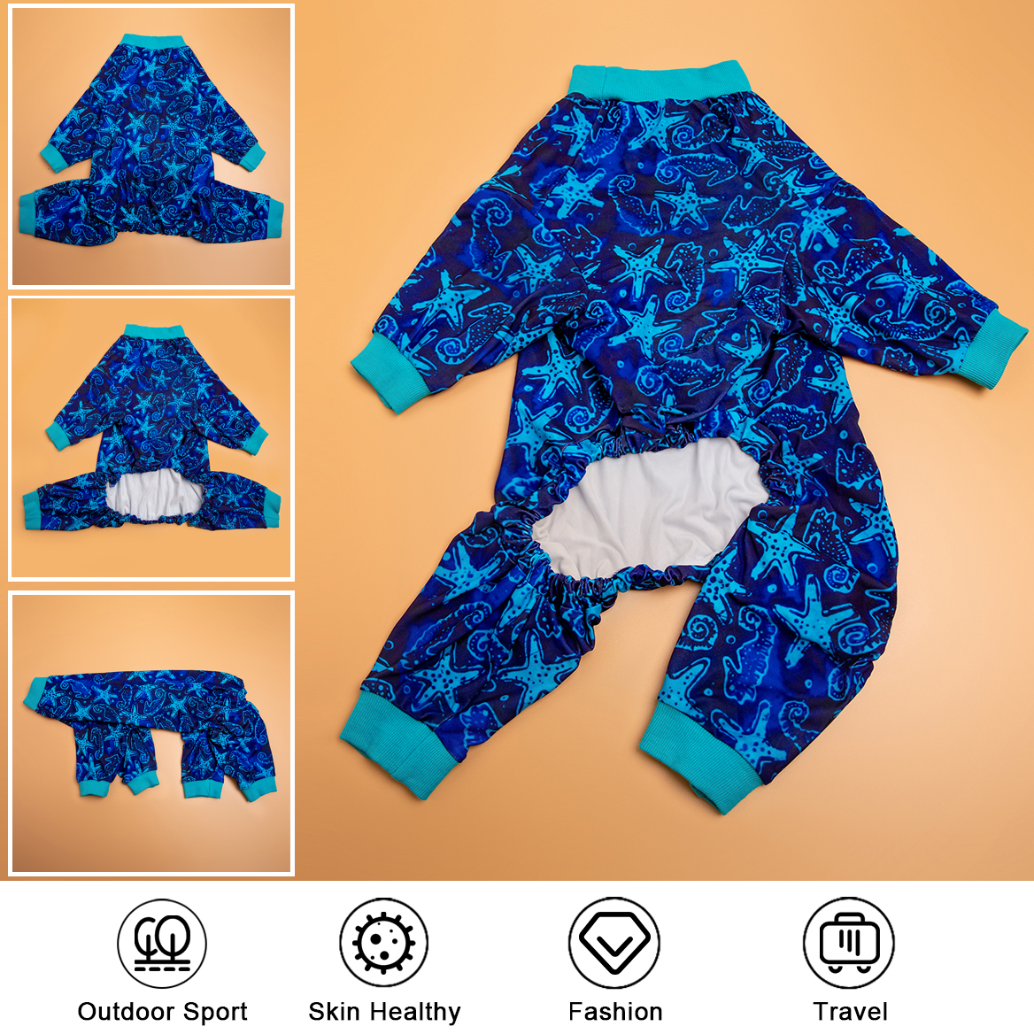LovinPet Large Dog Pajamas Onesie - Marine Starfish Design in Blue and Teal