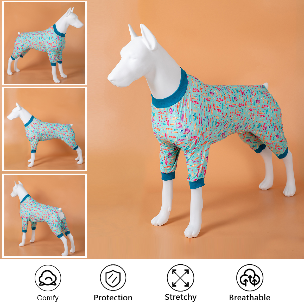 LovinPet Large Dog Post Recovery Suit - Playful Fish Design on Turquoise Background