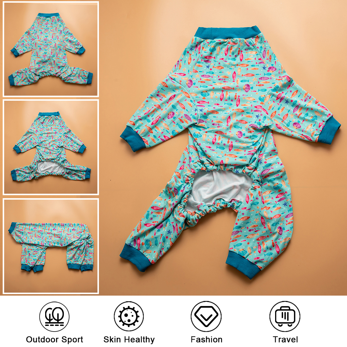 LovinPet Large Dog Post Recovery Suit - Playful Fish Design on Turquoise Background