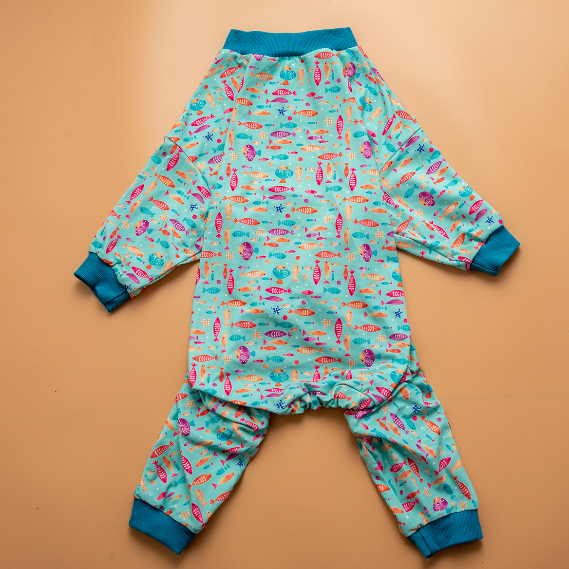 LovinPet Large Dog Post Recovery Suit - Playful Fish Design on Turquoise Background