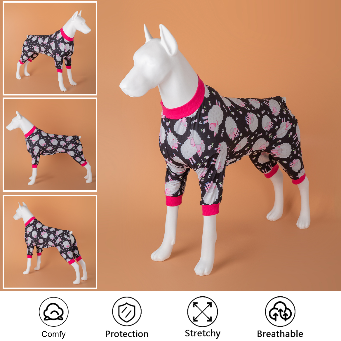 LovinPet Large Dog Pajamas Onesie - Whimsical Sheep and Floral Design in Dark Colors