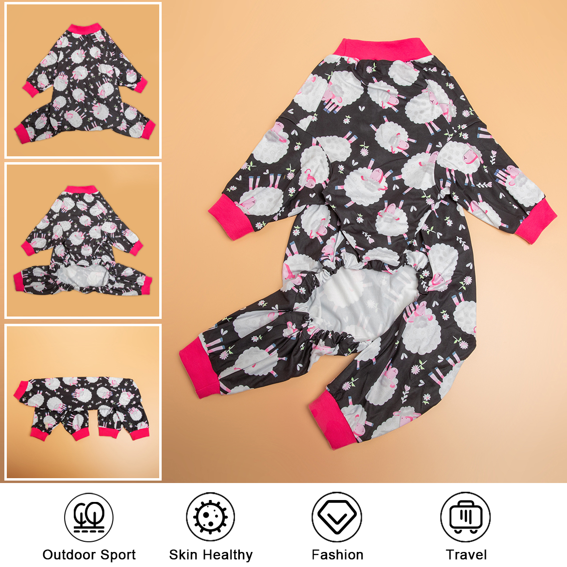 LovinPet Large Dog Pajamas Onesie - Whimsical Sheep and Floral Design in Dark Colors