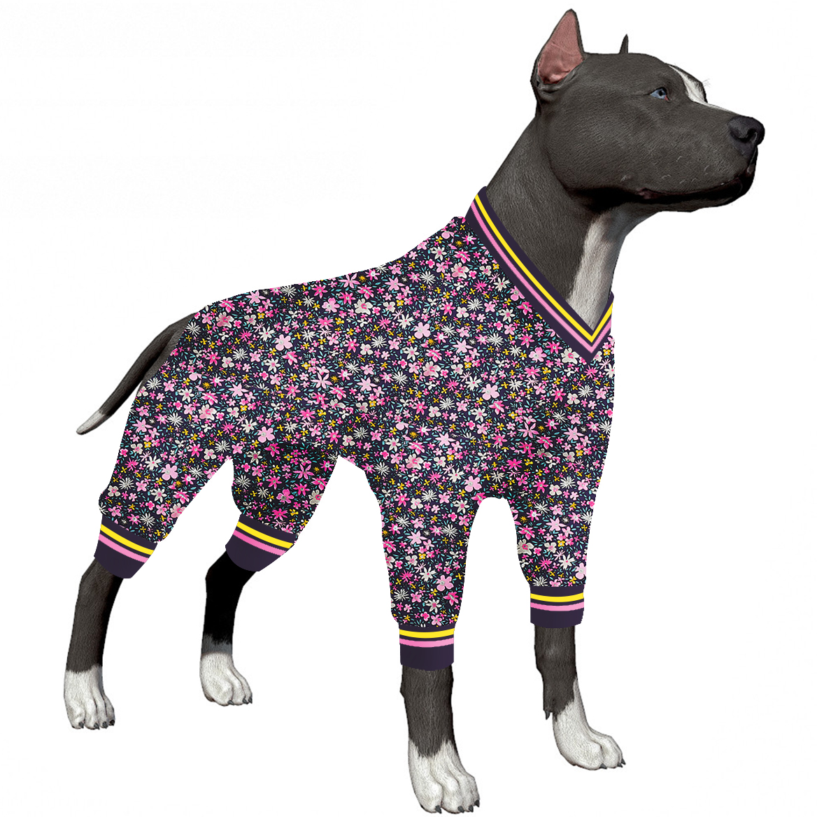 LovinPet Large Dog Post Recovery Suit - Bold Floral with Purple & Yellow Striped Accents