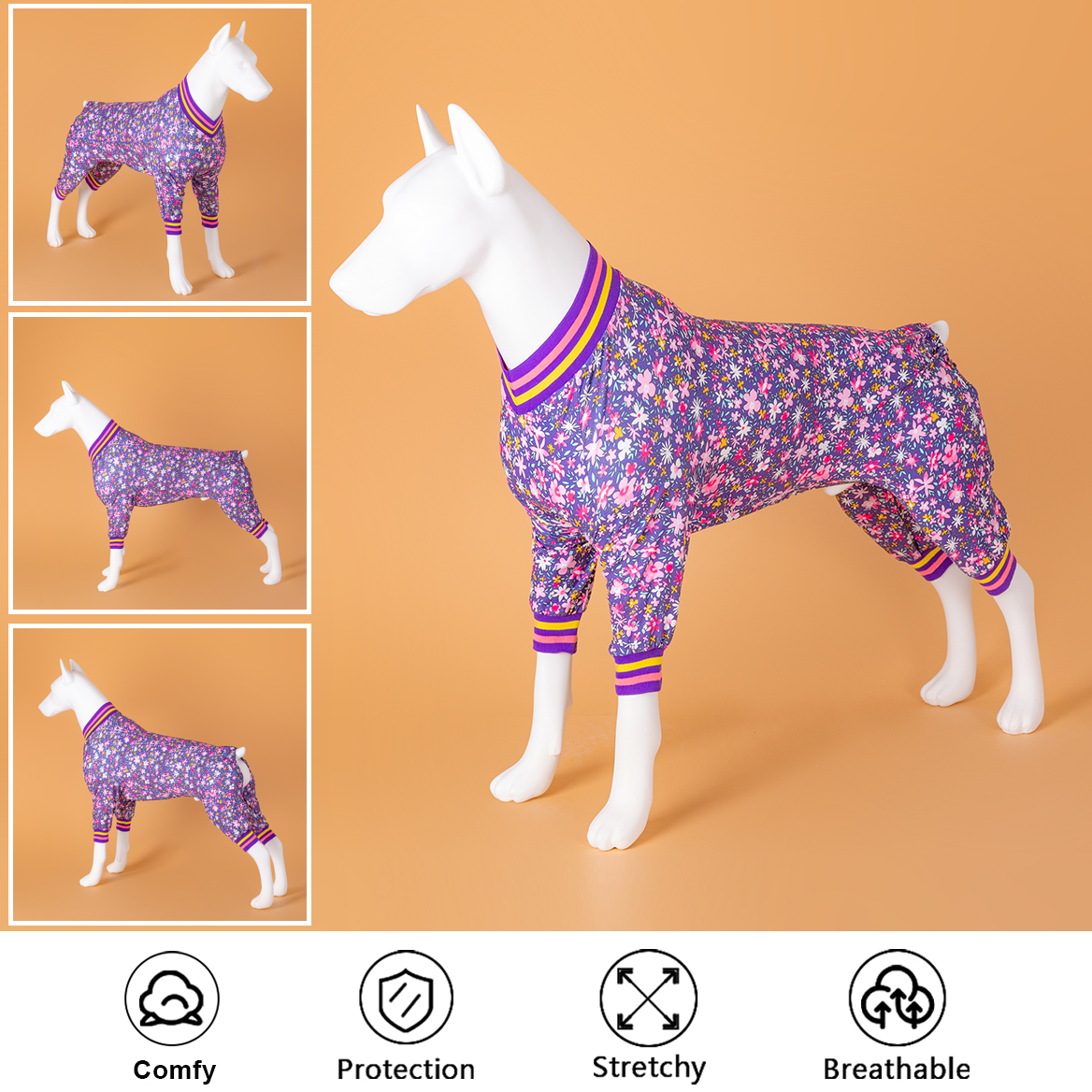 LovinPet Large Dog Post Recovery Suit - Bold Floral with Purple & Yellow Striped Accents