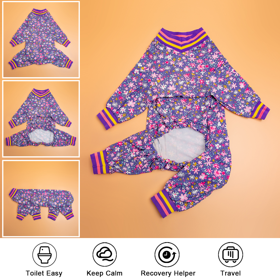 LovinPet Large Dog Post Recovery Suit - Bold Floral with Purple & Yellow Striped Accents