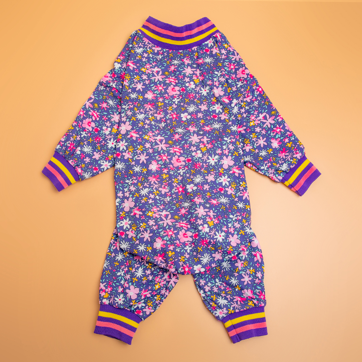 LovinPet Large Dog Post Recovery Suit - Bold Floral with Purple & Yellow Striped Accents