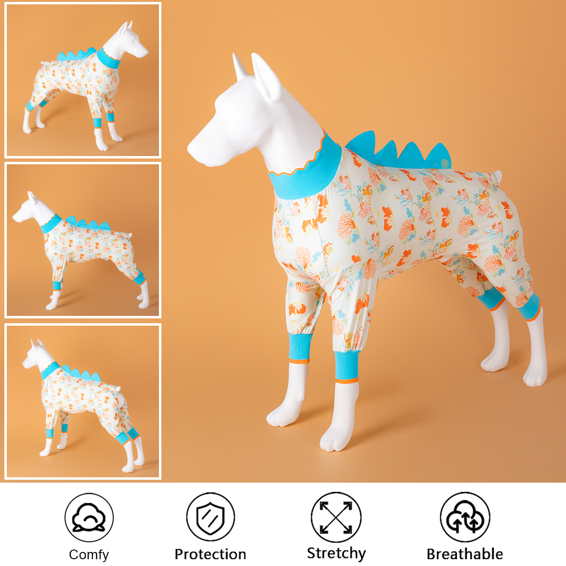 LovinPet Large Dogs Jammies, Large Dog Pajamas, Anti Licking Dog Recovery Suit, Lightweight Fashion Coral Peach Prints Onesies for Dog Clothing, UV Protection, Easy Wearing Adorable Dog Jumpsuit