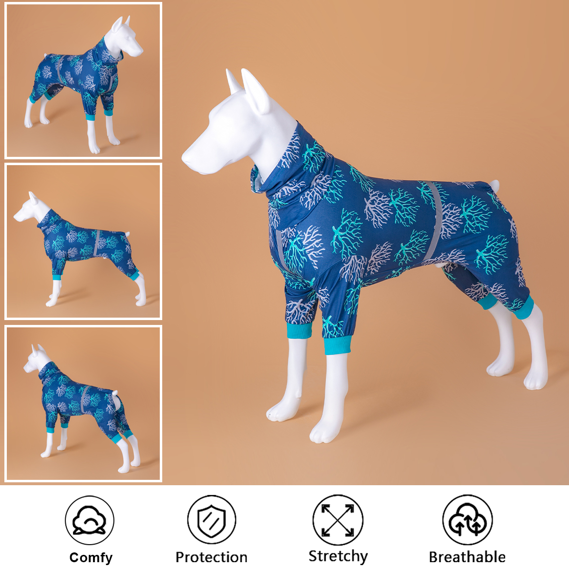 LovinPet Large Dog Pajamas Onesie - Ocean Coral Reef Sleepwear for Big Dogs
