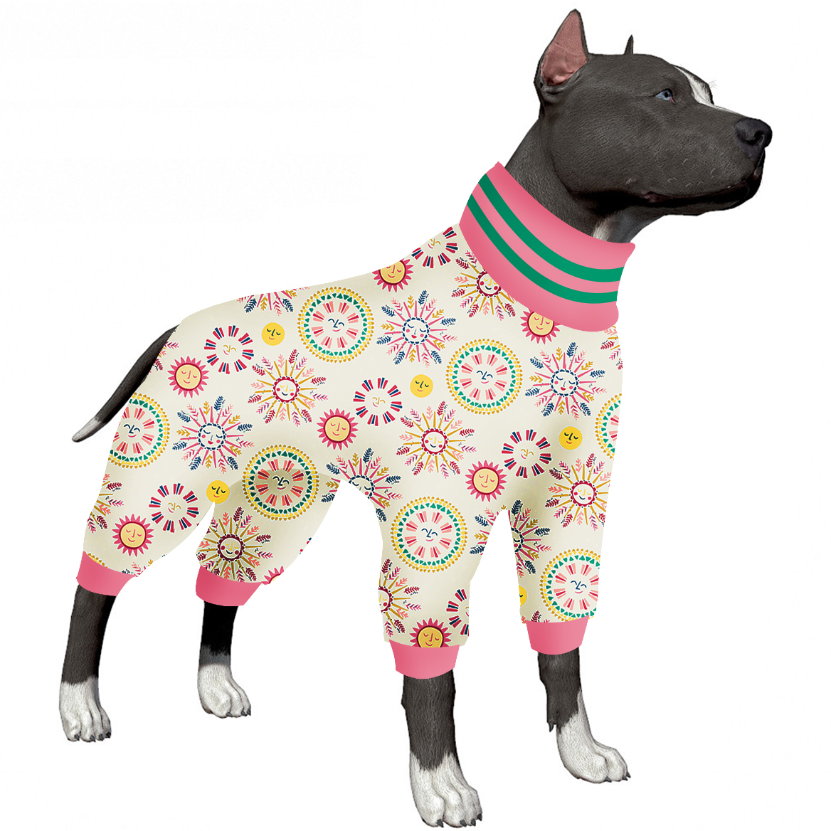 LovinPet Large Dog Post Recovery Suit - Playful Sun and Circle Design with Pink & Green Trim