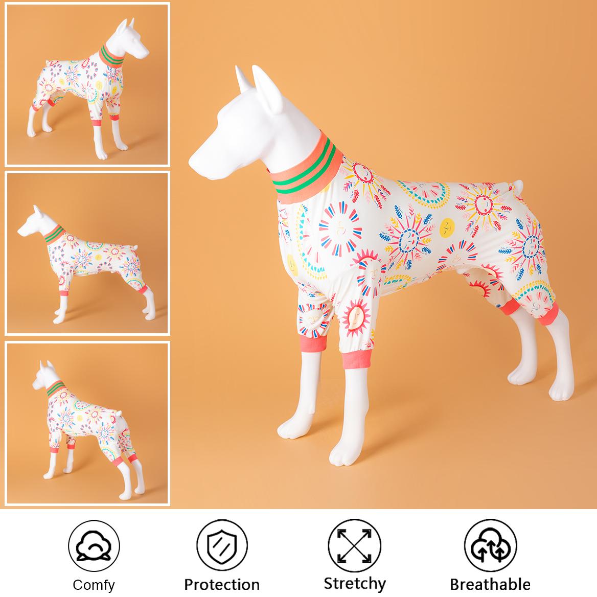 LovinPet Large Dog Post Recovery Suit - Playful Sun and Circle Design with Pink & Green Trim