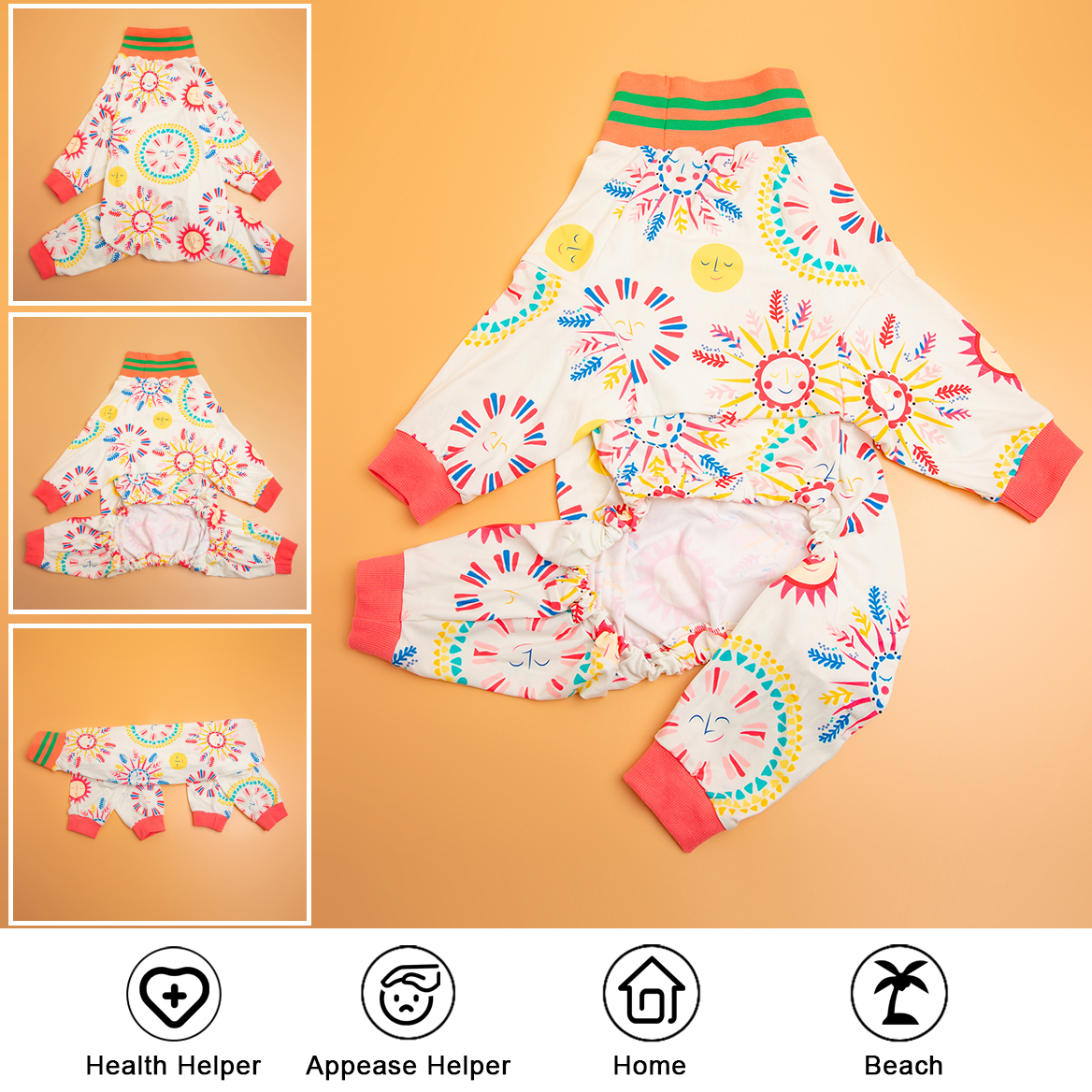 LovinPet Large Dog Post Recovery Suit - Playful Sun and Circle Design with Pink & Green Trim