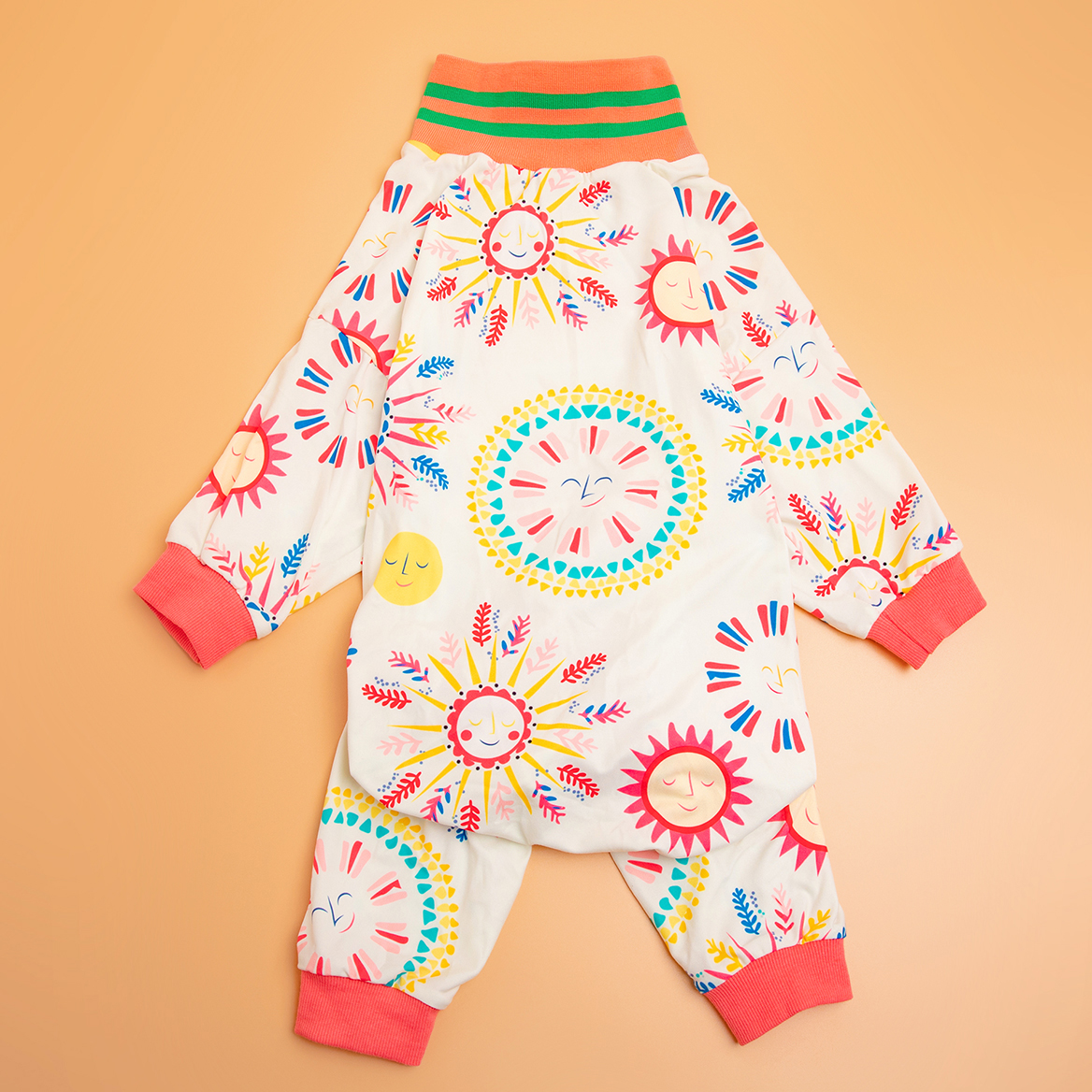 LovinPet Large Dog Post Recovery Suit - Playful Sun and Circle Design with Pink & Green Trim