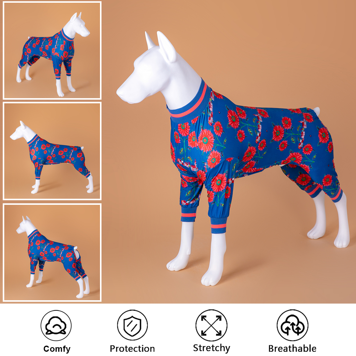 LovinPet Large Dog Pajamas Onesie - Nautical Sunflower Sleepwear for Big Dogs
