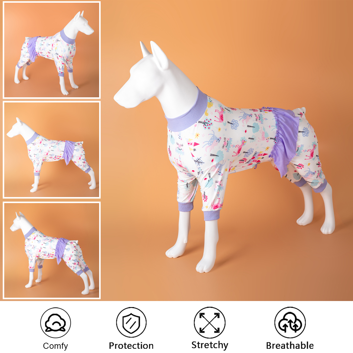 LovinPet Large Dog Pajamas Onesie with Skirt Tie - Fantasy Unicorn and Castle Design