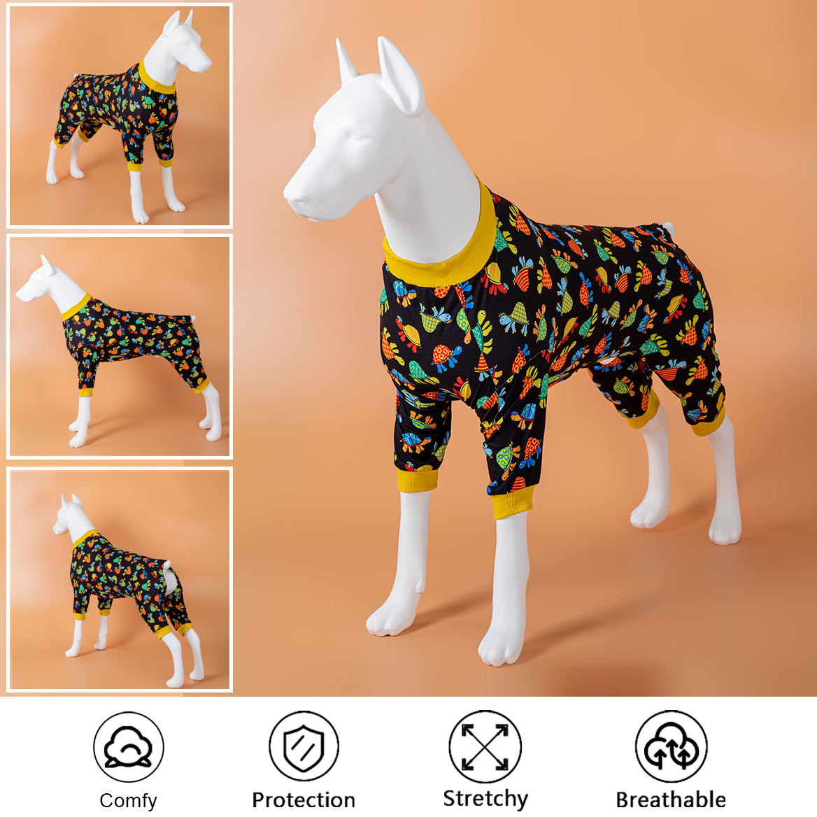 LovinPet Large Dog Post Recovery Suit - Colorful Abstract Fish Design with Yellow Trim
