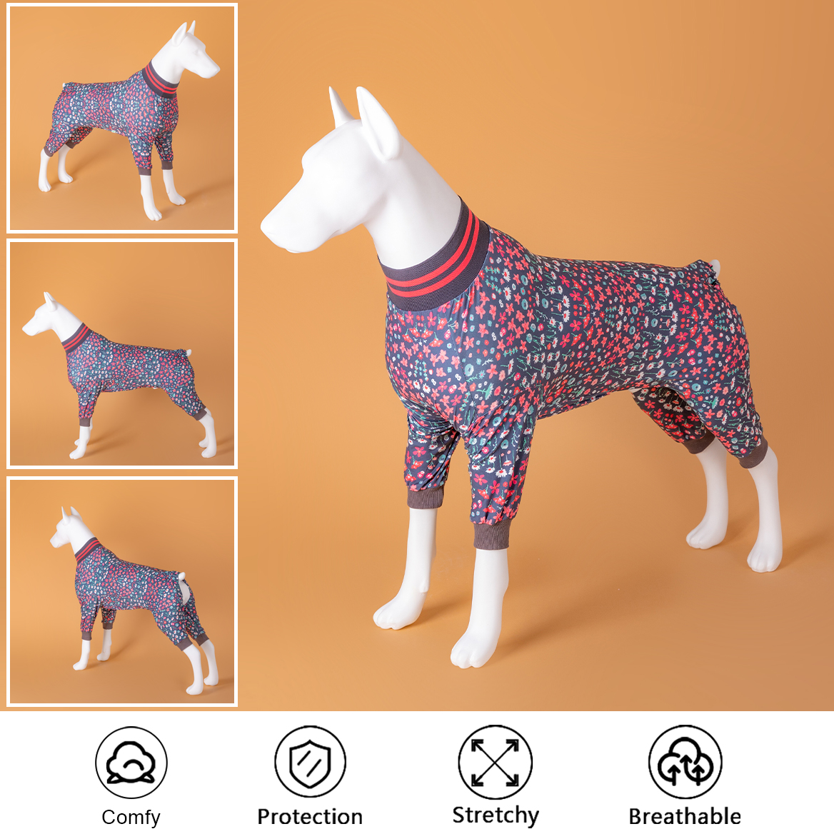 LovinPet Dog Recovery Suit Pajama - Dark Floral with Striped Collar